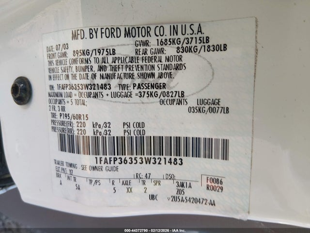 Продаж на аукціоні авто 2003 Ford Focus Se/ztw, vin: 1FAFP36353W321483, номер лоту: 44372790