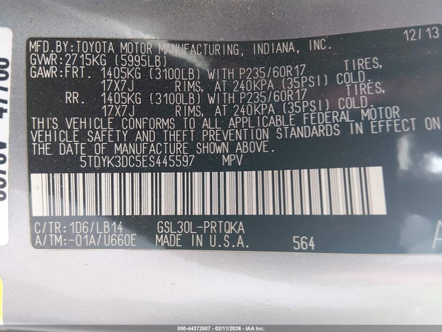 5TDYK3DC5ES445597 Toyota Sienna Xle V6 8 Passenger