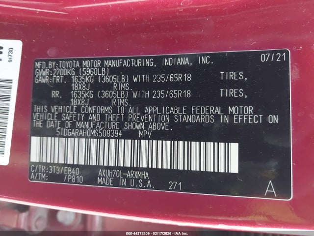5TDGARAH0MS508394 Toyota Highlander Hybrid Xle