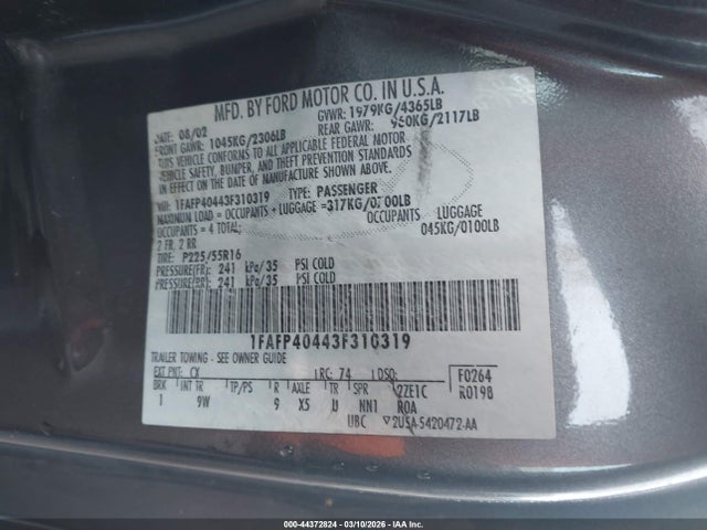 44372824 :رقم المزاد ، 1FAFP40443F310319 vin ، 2003 Ford Mustang مزاد بيع