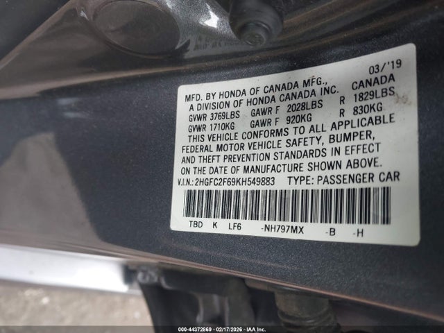 2019 Honda Civic Lx მანქანა იყიდება აუქციონზე, vin: 2HGFC2F69KH549883, აუქციონის ნომერი: 44372869
