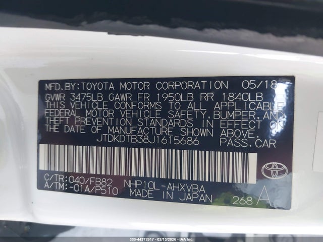 JTDKDTB38J1615686 Toyota Prius C Two