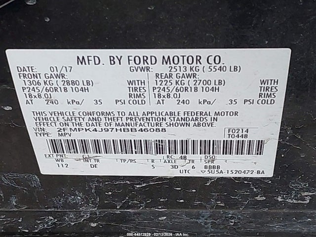 44372929 :رقم المزاد ، 2FMPK4J97HBB46088 vin ، 2017 Ford Edge Sel مزاد بيع
