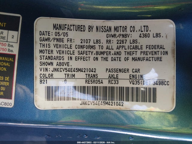 Aukcja sprzedaży 2005 Infiniti G35, vin: JNKCV54E45M421042, numer aukcji: 44372953