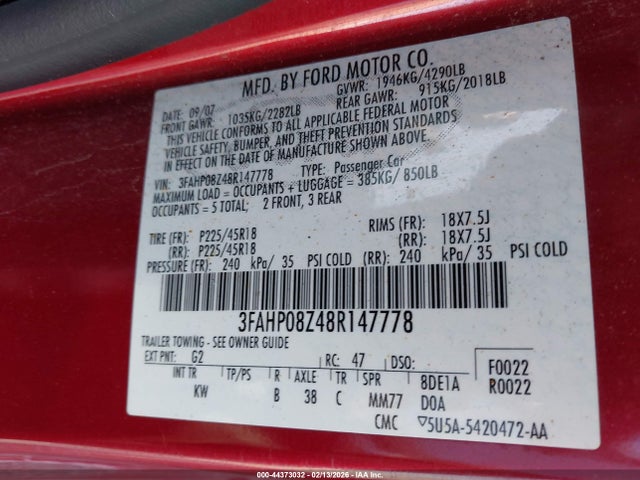 2008 FORD FUSION 3FAHP08Z48R147778 Photo 8