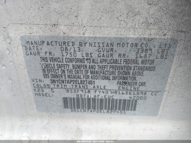 Nissan Versa 1.6 S 2014 3N1CN7AP2EL827451 Image 9