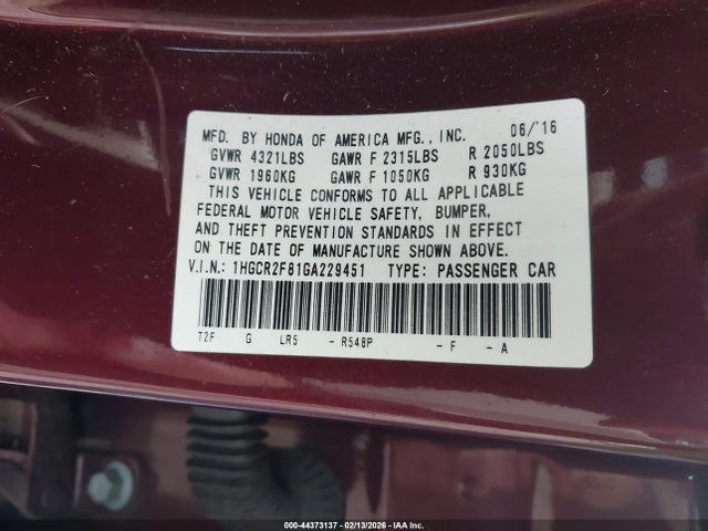 1HGCR2F81GA229451 Honda Accord Ex-l
