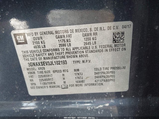 Aukcja sprzedaży 2018 Chevrolet Equinox Lt, vin: 3GNAXSEV3JL102193, numer aukcji: 44373141