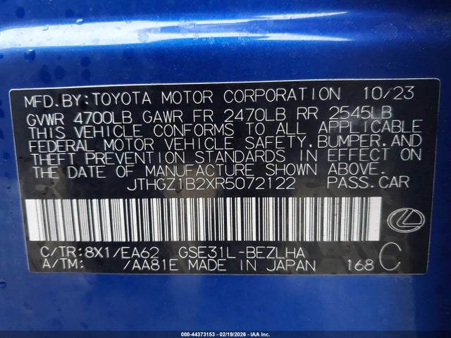 44373153 :رقم المزاد ، JTHGZ1B2XR5072122 vin ، 2024 Lexus Is 350 F Sport مزاد بيع