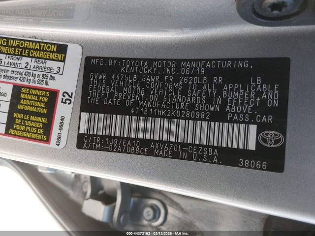 4T1B11HK2KU280982 Toyota CAMRY SE