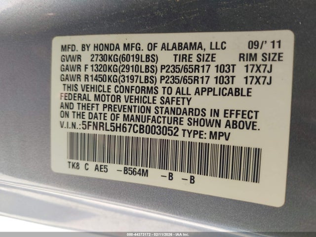 2012 Honda Odyssey Ex-l მანქანა იყიდება აუქციონზე, vin: 5FNRL5H67CB003052, აუქციონის ნომერი: 44373172