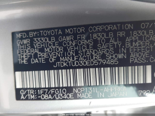 44373182 :رقم المزاد ، JTDKTUD30ED579485 vin ، 2014 Toyota Yaris Le (tmc/cbu Plant) مزاد بيع