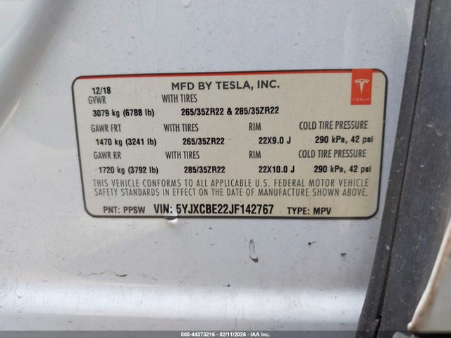 Продажа на аукционе авто 2018 Tesla Model X 100d/75d/p100d, vin: 5YJXCBE22JF142767, номер лота: 44373216