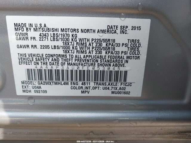 44373238 :رقم المزاد ، 4A4AP3AU0FE053045 vin ، 2015 Mitsubishi Outlander Sport Es مزاد بيع