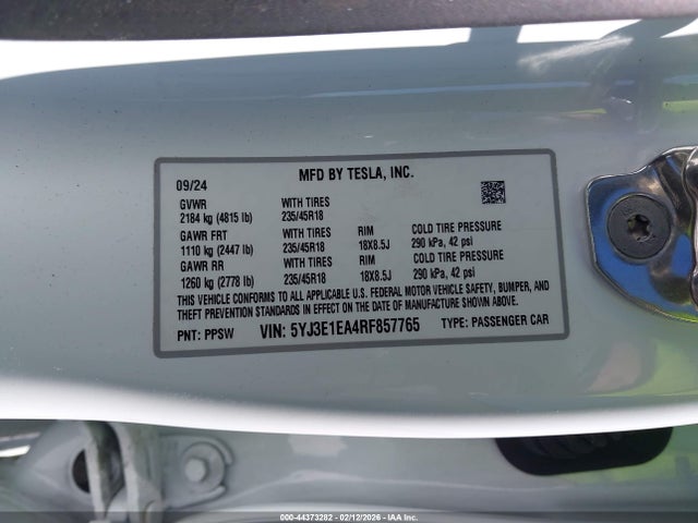 44373282 :رقم المزاد ، 5YJ3E1EA4RF857765 vin ، 2024 Tesla Model 3 Long Range Dual Motor All-wheel Drive/rear-wheel Drive مزاد بيع