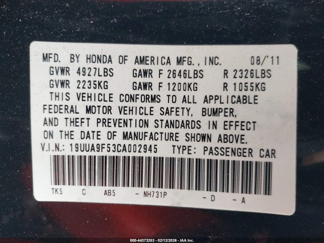 Продаж на аукціоні авто 2012 Acura Tl 3.7, vin: 19UUA9F53CA002945, номер лоту: 44373283