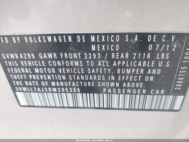 Продажа на аукционе авто 2013 Volkswagen Jetta 2.0l Tdi, vin: 3VWLL7AJ2DM205355, номер лота: 44373306