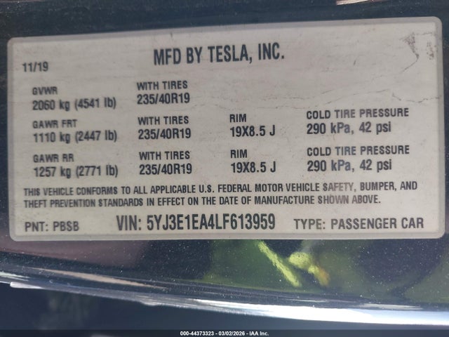 2020 Tesla Model 3 მანქანა იყიდება აუქციონზე, vin: 5YJ3E1EA4LF613959, აუქციონის ნომერი: 44373323