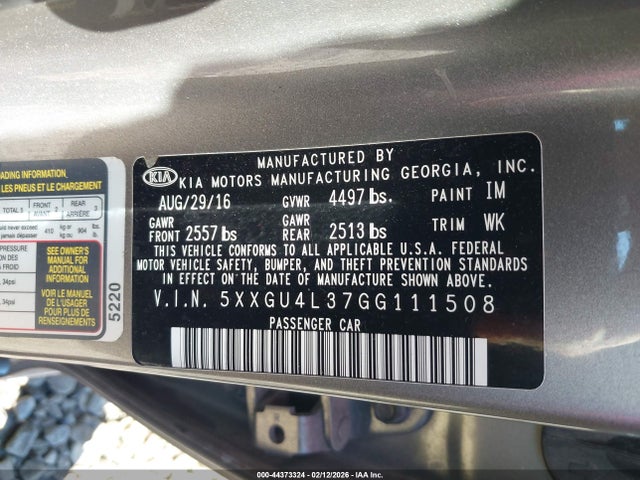 44373324 :رقم المزاد ، 5XXGU4L37GG111508 vin ، 2016 Kia Optima Ex مزاد بيع