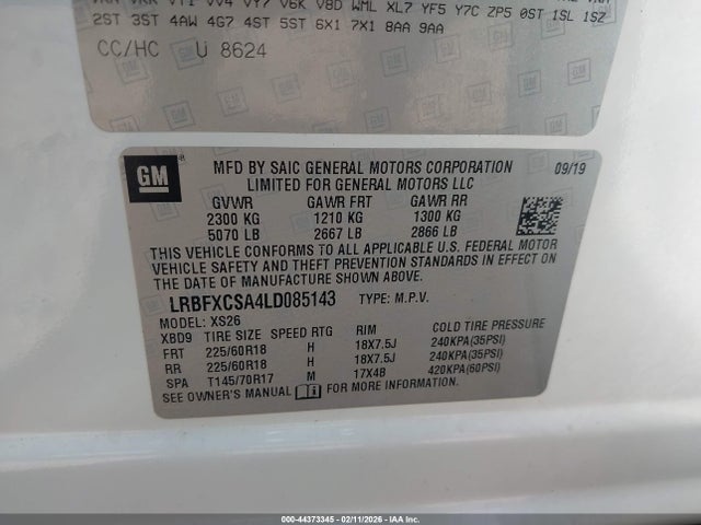 44373345 :رقم المزاد ، LRBFXCSA4LD085143 vin ، 2020 Buick Envision Fwd Essence مزاد بيع