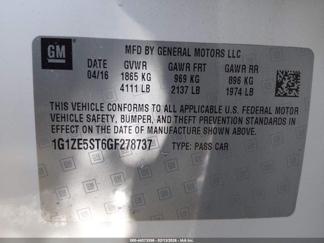 44373356 :رقم المزاد ، 1G1ZE5ST6GF278737 vin ، 2016 Chevrolet Malibu 1lt مزاد بيع