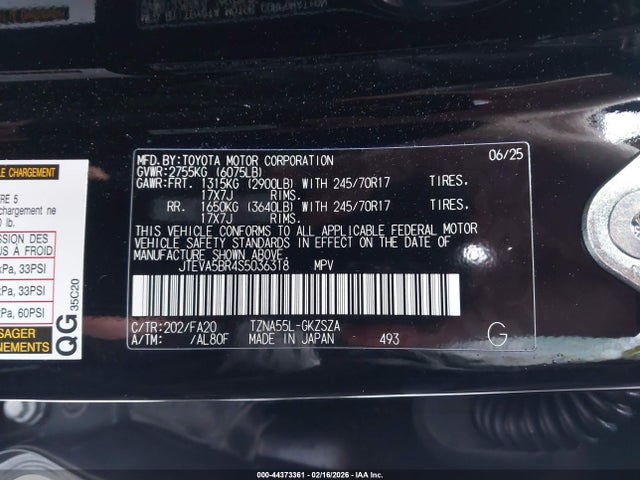 44373361 :رقم المزاد ، JTEVA5BR4S5036318 vin ، 2025 Toyota 4runner Sr5 مزاد بيع