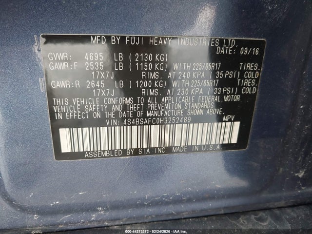 2017 Subaru Outback 2.5i Premium მანქანა იყიდება აუქციონზე, vin: 4S4BSAFC0H3252489, აუქციონის ნომერი: 44373372