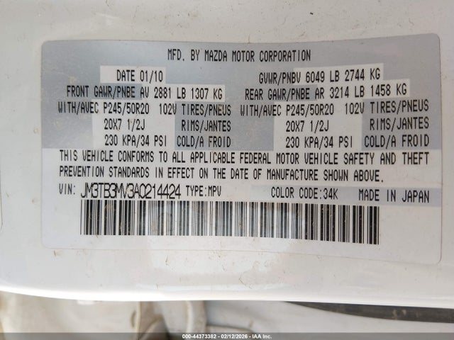 44373382 :رقم المزاد ، JM3TB3MV3A0214424 vin ، 2010 Mazda Cx-9 Grand Touring مزاد بيع