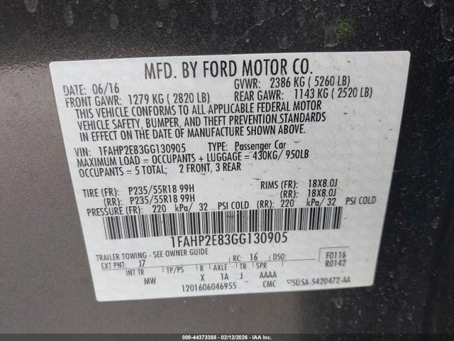 Ford TAURUS SEL 2016 1FAHP2E83GG130905 Image 9