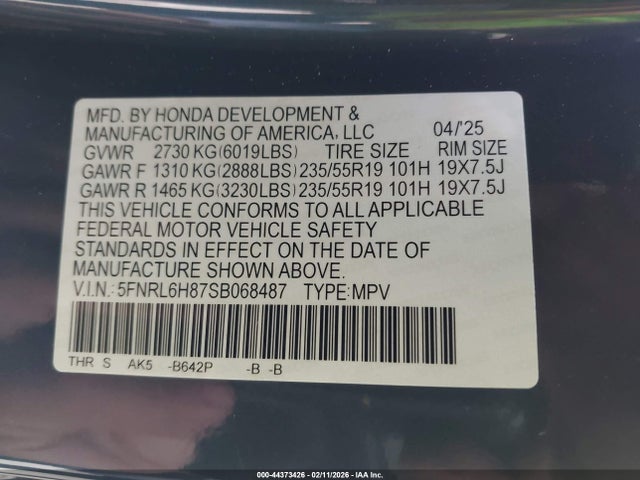 Honda Odyssey Touring 2025 5FNRL6H87SB068487 Image 9