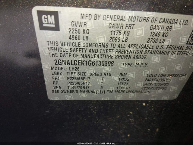 2GNALCEK1G6130398 Chevrolet EQUINOX LT