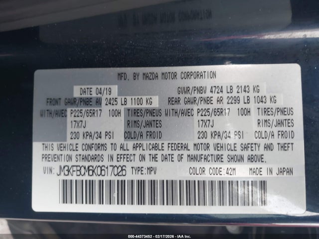 44373452 :رقم المزاد ، JM3KFBCM6K0617026 vin ، 2019 Mazda Cx-5 Touring مزاد بيع