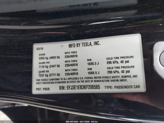 2019 Tesla Model 3 Long Range/performance მანქანა იყიდება აუქციონზე, vin: 5YJ3E1EB3KF208585, აუქციონის ნომერი: 44373482