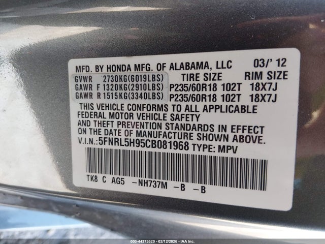 2012 HONDA ODYSSEY 5FNRL5H95CB081968 Photo 8