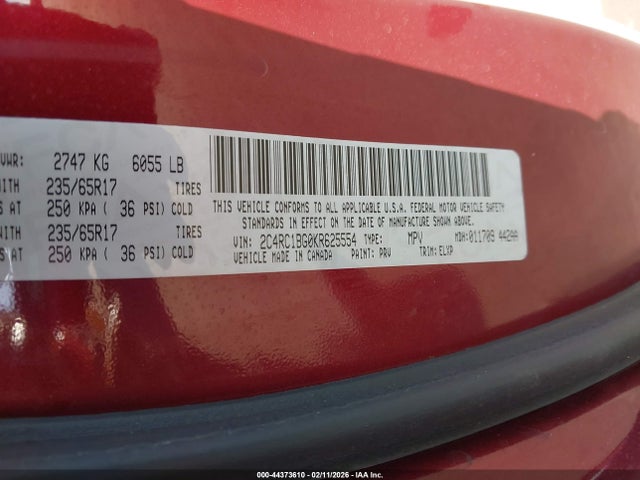 Aukcja sprzedaży 2019 Chrysler Pacifica Touring L, vin: 2C4RC1BG0KR625554, numer aukcji: 44373610