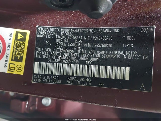 Toyota Highlander Xle V6 2016 5TDJKRFHXGS337718 Image 9