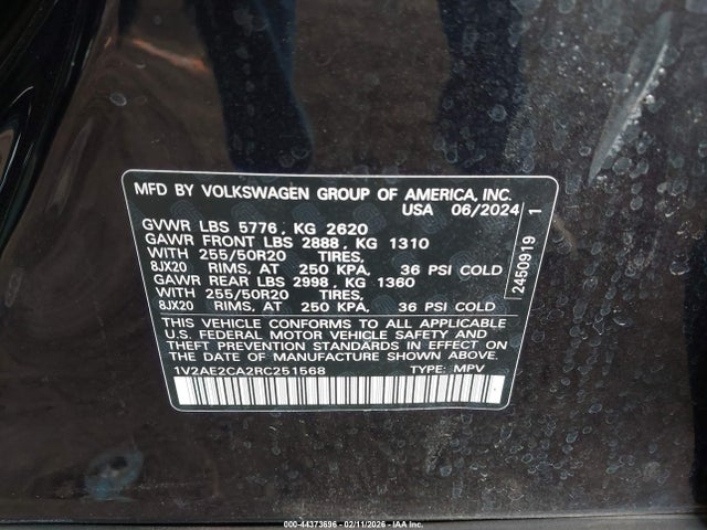 Auction sale of the 2024 Volkswagen Atlas Cross Sport 2.0t Sel R-line, vin: 1V2AE2CA2RC251568, lot number: 44373696