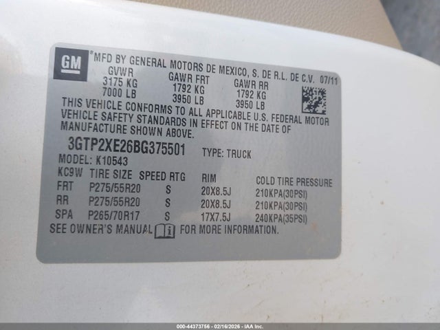 44373756 :رقم المزاد ، 3GTP2XE26BG375501 vin ، 2011 Gmc Sierra 1500 Denali مزاد بيع
