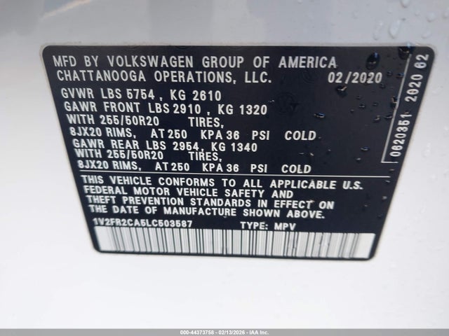 Aukcja sprzedaży 2020 Volkswagen Atlas 3.6l V6 Se W/technology R-line, vin: 1V2FR2CA5LC503587, numer aukcji: 44373758