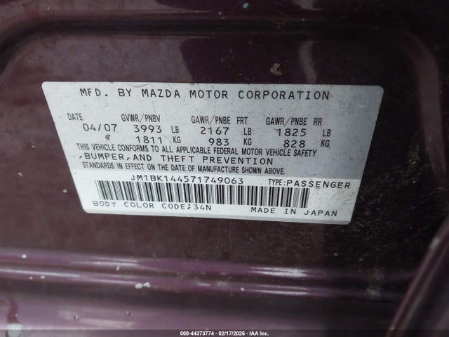 44373774 :رقم المزاد ، JM1BK144571749063 vin ، 2007 Mazda Mazda3 S Sport مزاد بيع