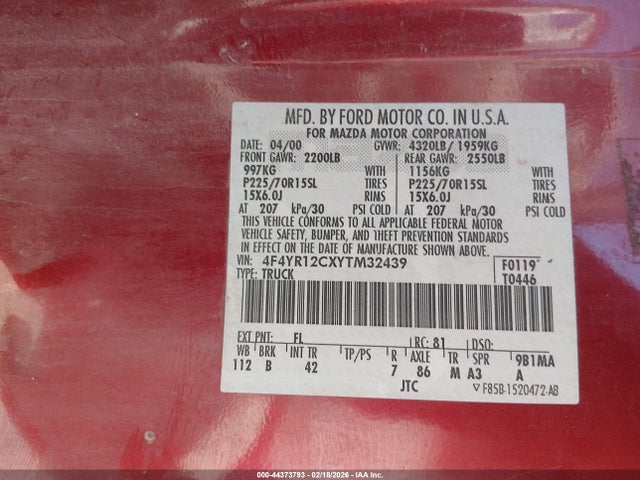 2000 Mazda B2500 მანქანა იყიდება აუქციონზე, vin: 4F4YR12CXYTM32439, აუქციონის ნომერი: 44373793