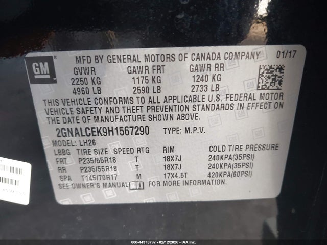 Продажа на аукционе авто 2017 Chevrolet Equinox Lt, vin: 2GNALCEK9H1567290, номер лота: 44373797