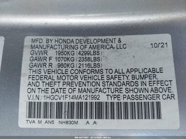 1HGCV1F14MA121992 Honda ACCORD LX