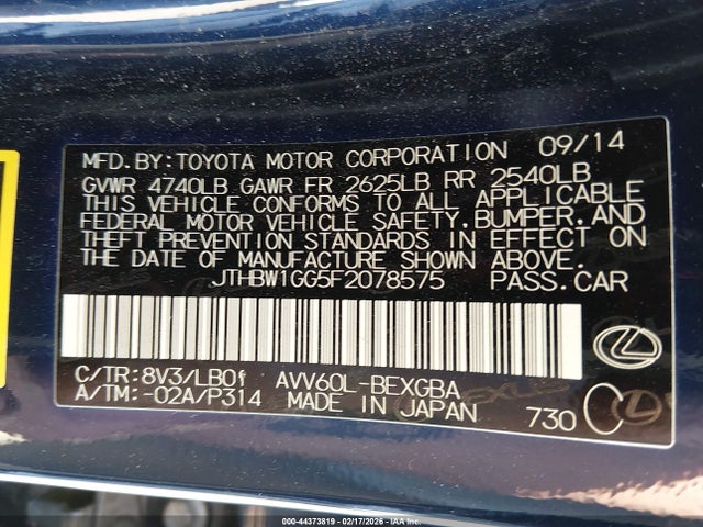 Aukcja sprzedaży 2015 Lexus Es 300h, vin: JTHBW1GG5F2078575, numer aukcji: 44373819