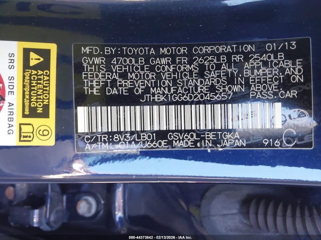 Aukcja sprzedaży 2013 Lexus Es 350, vin: JTHBK1GG6D2045657, numer aukcji: 44373842