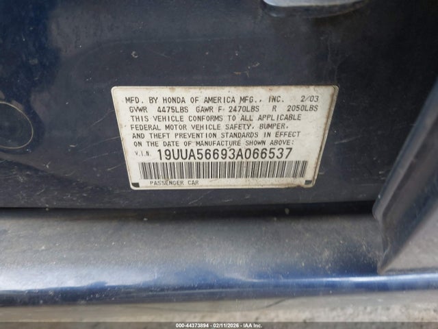 44373894 :رقم المزاد ، 19UUA56693A066537 vin ، 2003 Acura Tl 3.2 مزاد بيع