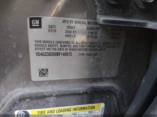 Aukcja sprzedaży 2011 Buick Lacrosse Cxl, vin: 1G4GC5GD5BF140875, numer aukcji: 44373902