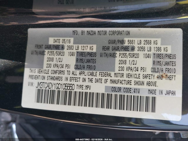 Aukcja sprzedaży 2016 Mazda Cx-9 Grand Touring, vin: JM3TCADY1G0105660, numer aukcji: 44373962
