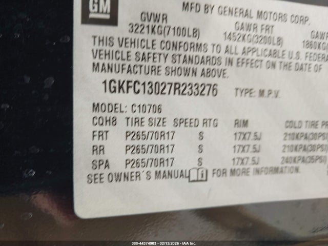 44374003 :رقم المزاد ، 1GKFC13027R233276 vin ، 2007 Gmc Yukon Sle مزاد بيع