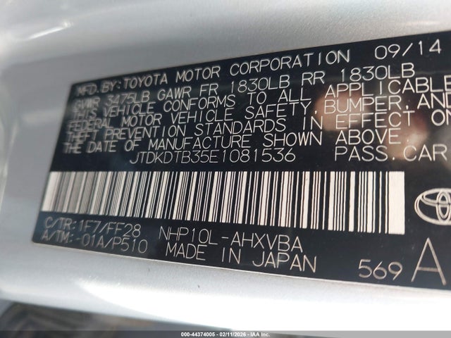 JTDKDTB35E1081536 Toyota Prius C Two